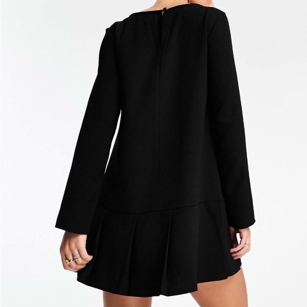ASOS DESIGN Long Sleeve Dropped Waist Box Pleat Mini Dress Black US Size 14 - Picture 10 of 12